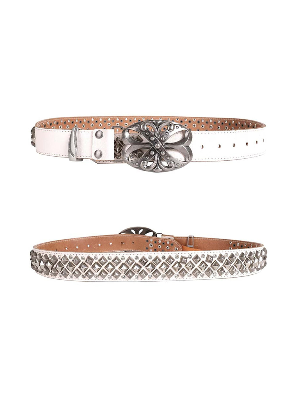 LEATHER BELT SET WITH SILVER EMBELLISHMENTS AND ORNATE BUCKLES