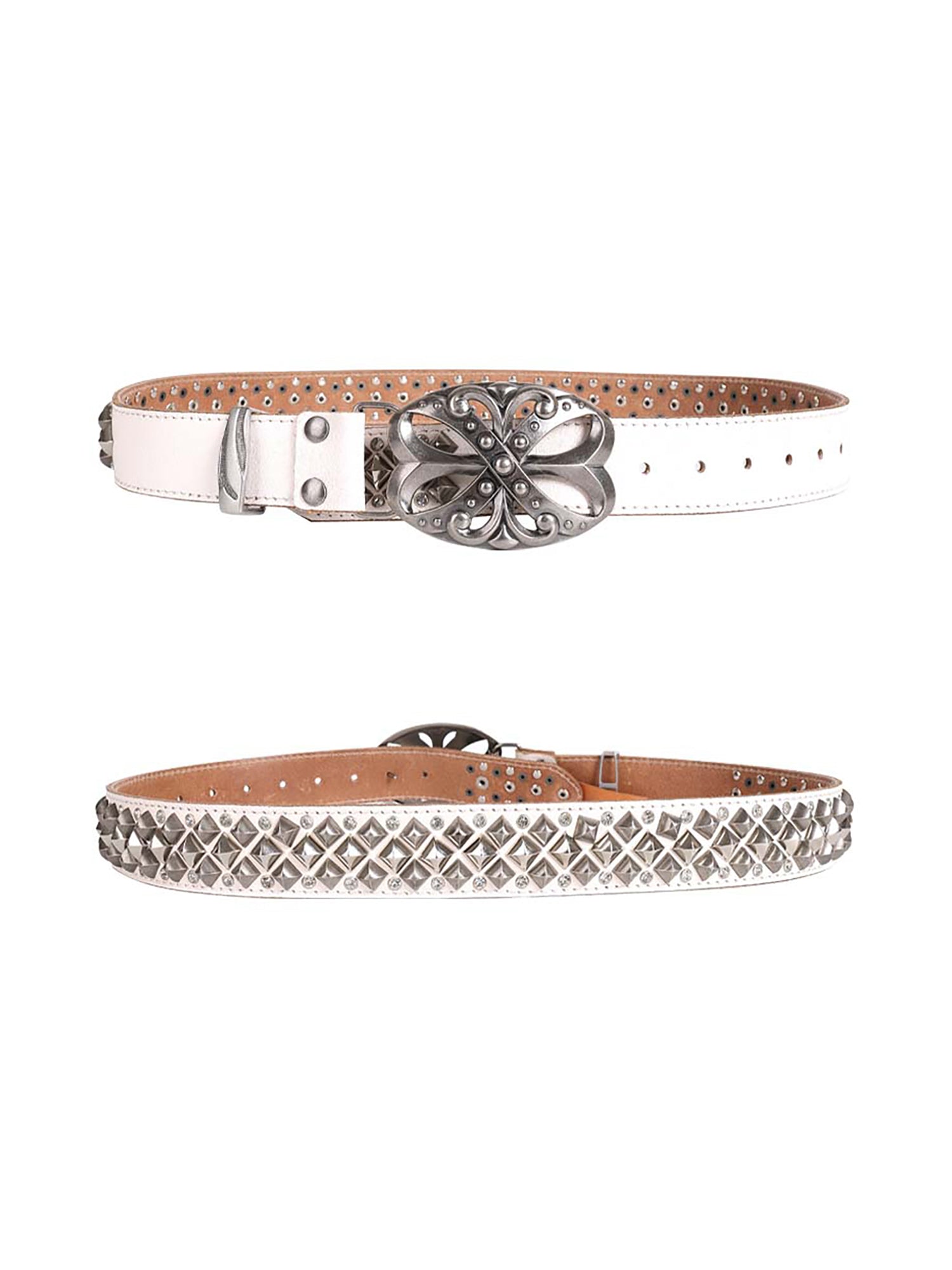 LEATHER BELT SET WITH SILVER EMBELLISHMENTS AND ORNATE BUCKLES