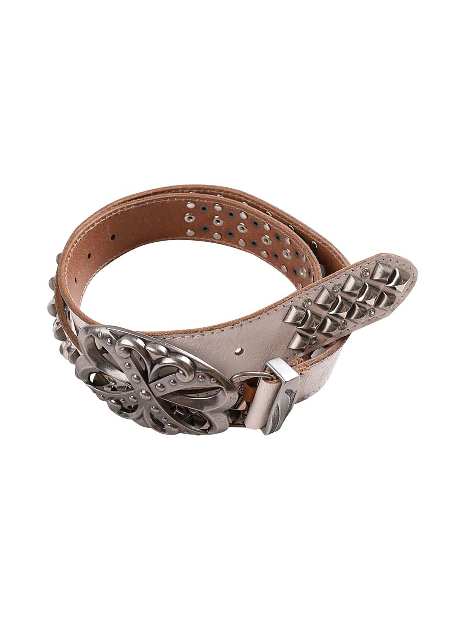 LEATHER BELT SET WITH SILVER EMBELLISHMENTS AND ORNATE BUCKLES