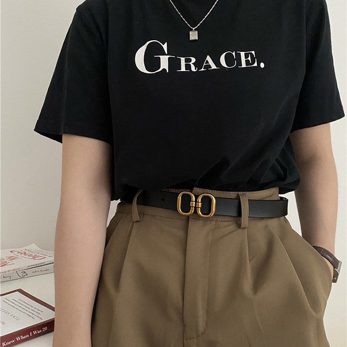 LEATHER BELT WITH GOLD DOUBLE-RING BUCKLE FOR MEN AND WOMEN