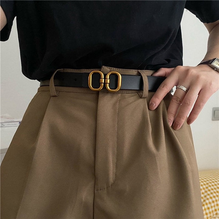 LEATHER BELT WITH GOLD DOUBLE-RING BUCKLE FOR MEN AND WOMEN