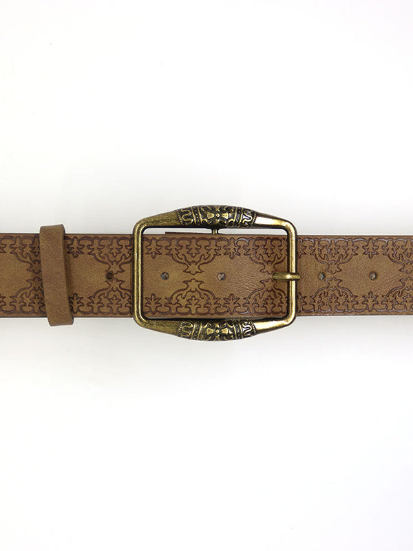 LEATHER BUCKLE BELT WITH ORNATE BUCKLE