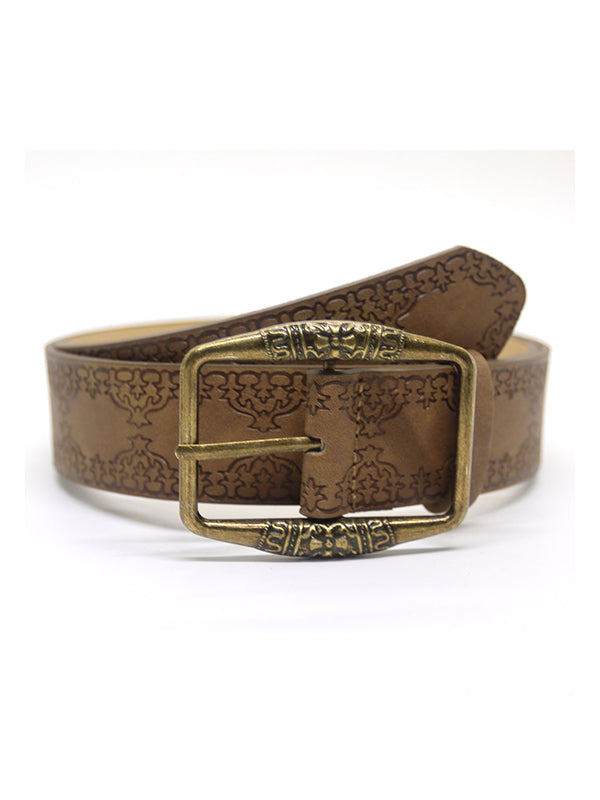 LEATHER BUCKLE BELT WITH ORNATE BUCKLE