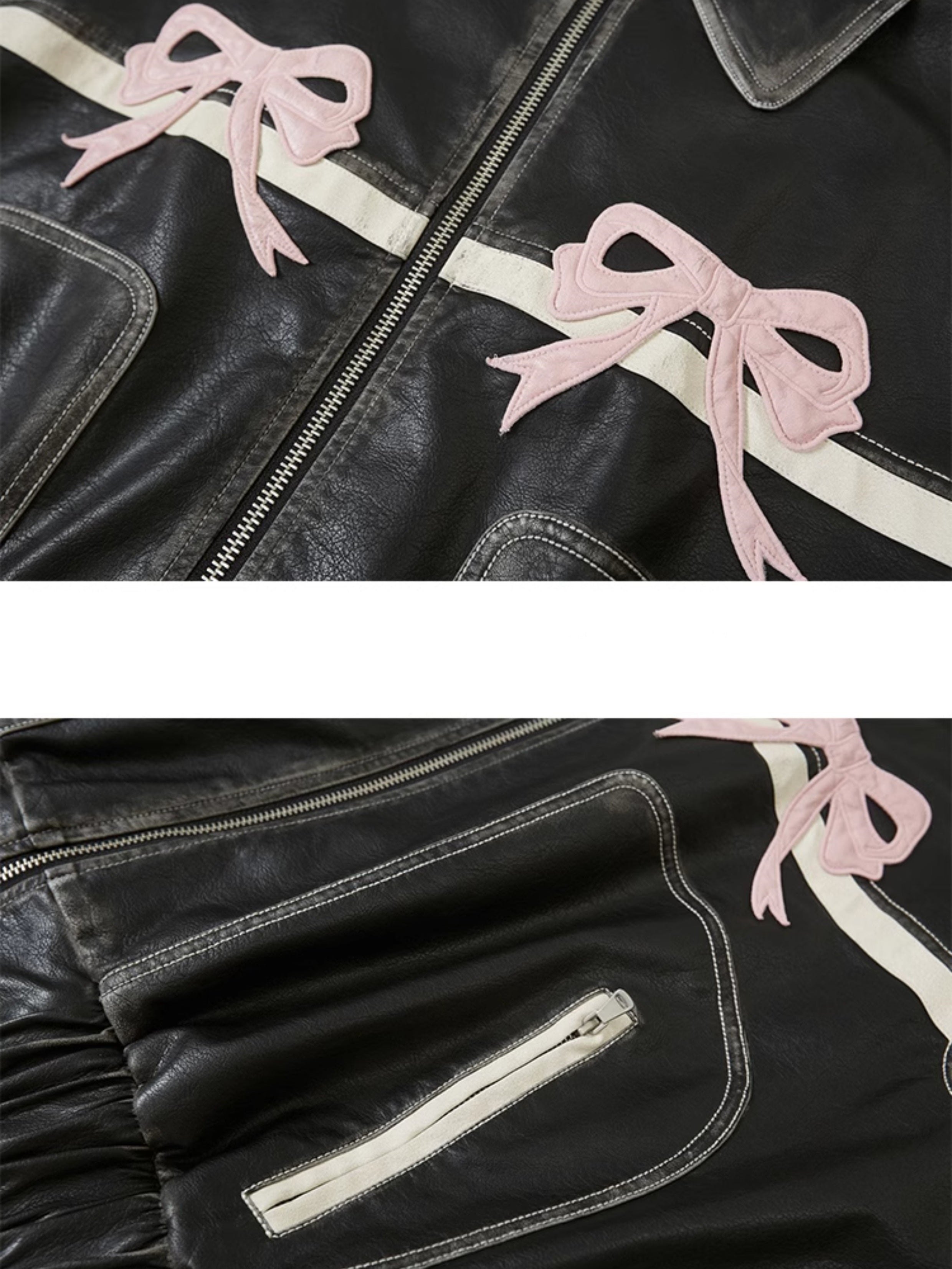 LEATHER JACKET WITH PINK BOWS VINTAGE FLAIR DESIGN