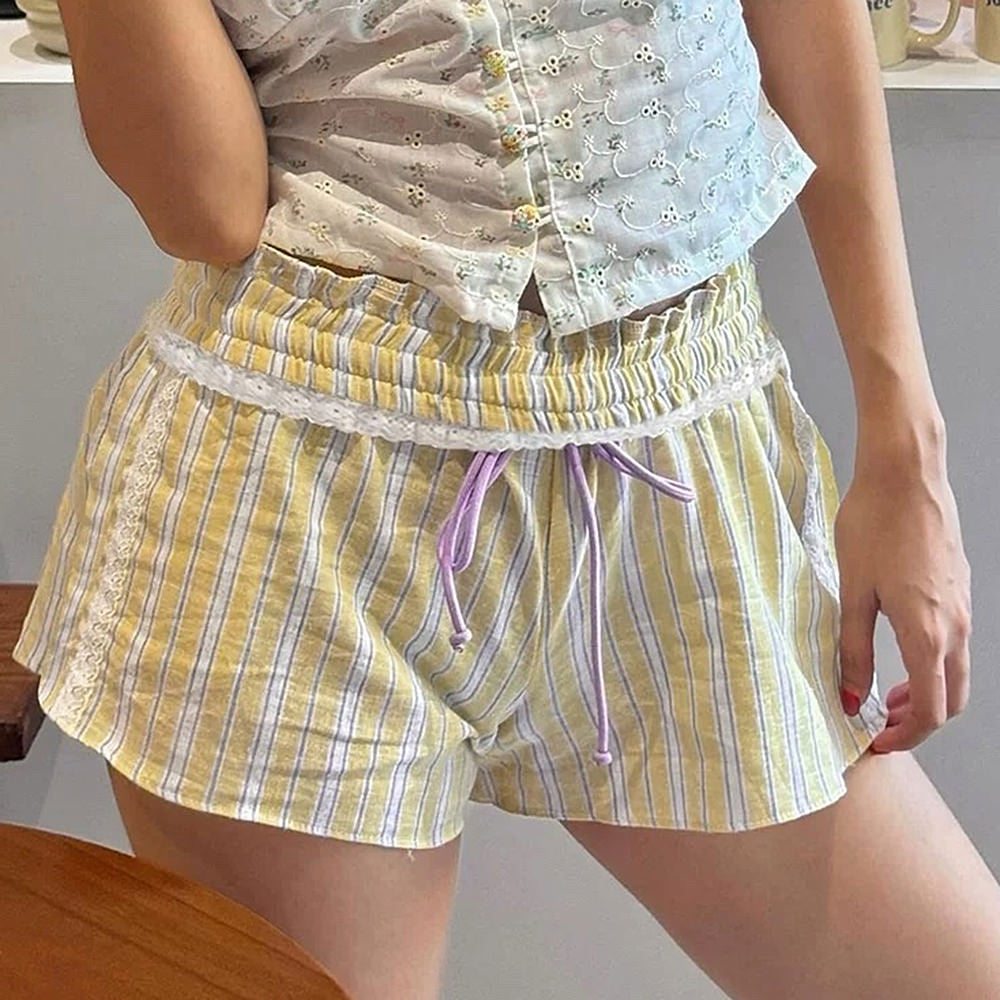 LEMON SHORTS WITH LILAC STRIPES AND RUFFLED LACE