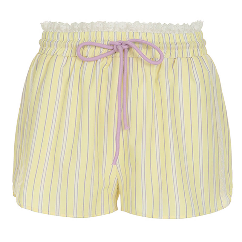 LEMON SHORTS WITH LILAC STRIPES AND RUFFLED LACE