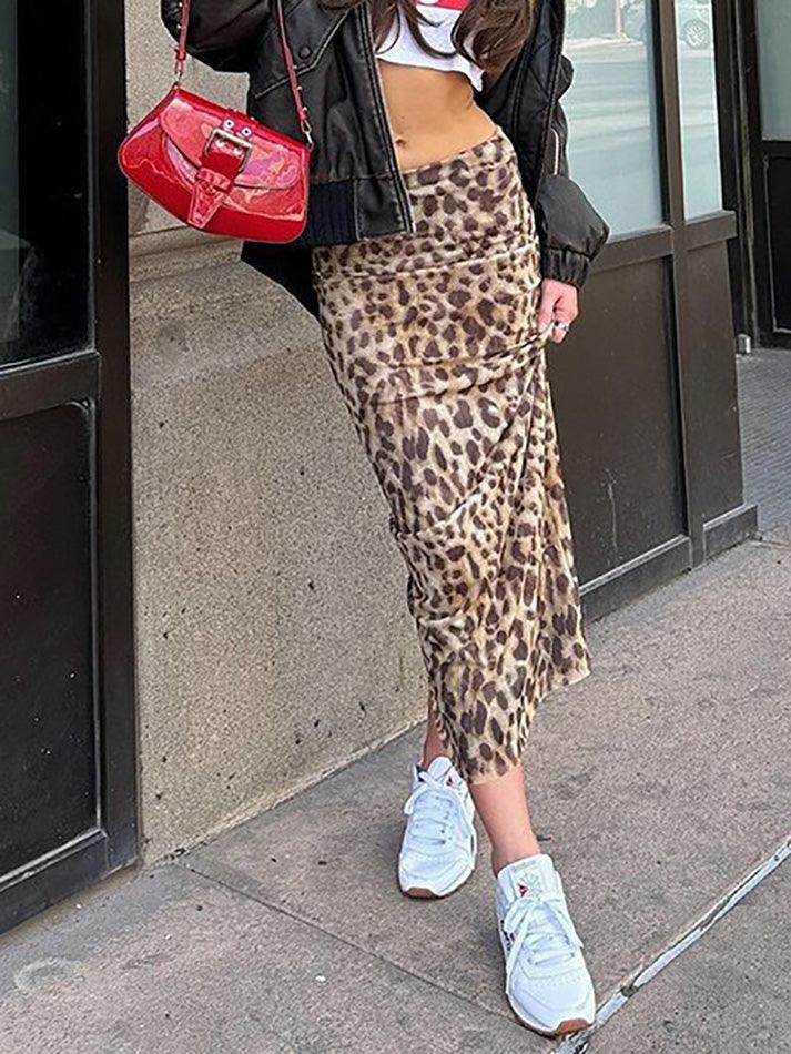 LEOPARD PRINT MIDI SKIRT VINTAGE HIP HOP STYLE