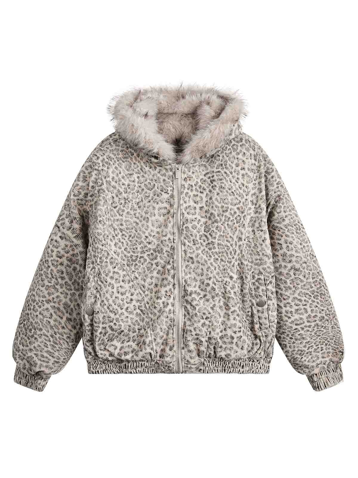 LEOPARD PRINT MINK FUR HOODED JACKET WITH FUR TRIM