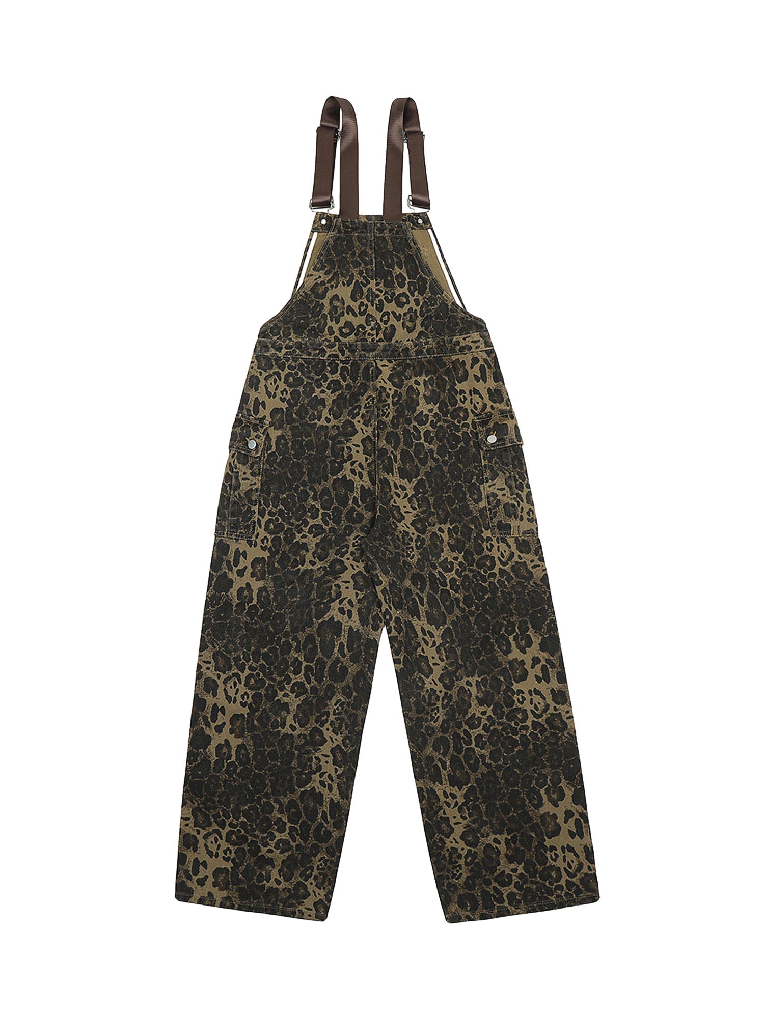 LEOPARD PRINT OVERALLS WITH BROWN STRAPS - HIGH WAIST LONG PANTS