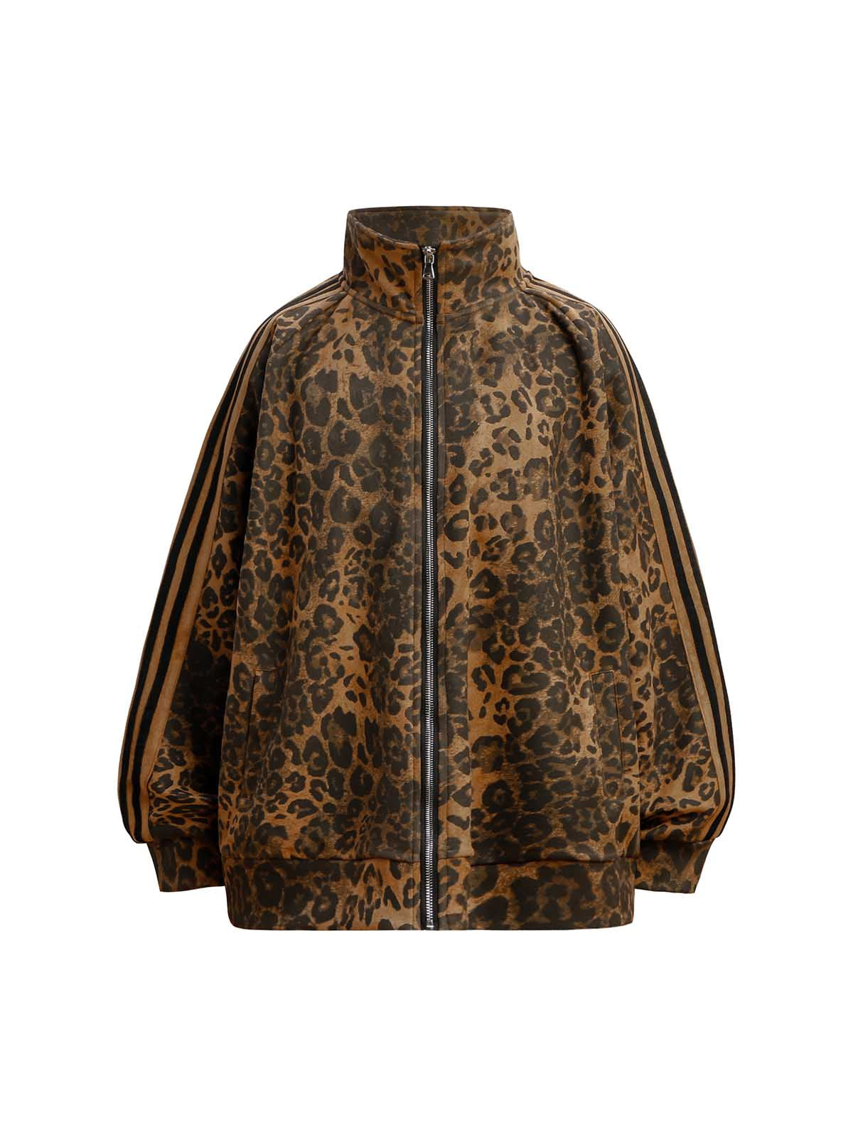LEOPARD PRINT TRACK JACKET WITH LONG SLEEVE AND STAND COLLAR