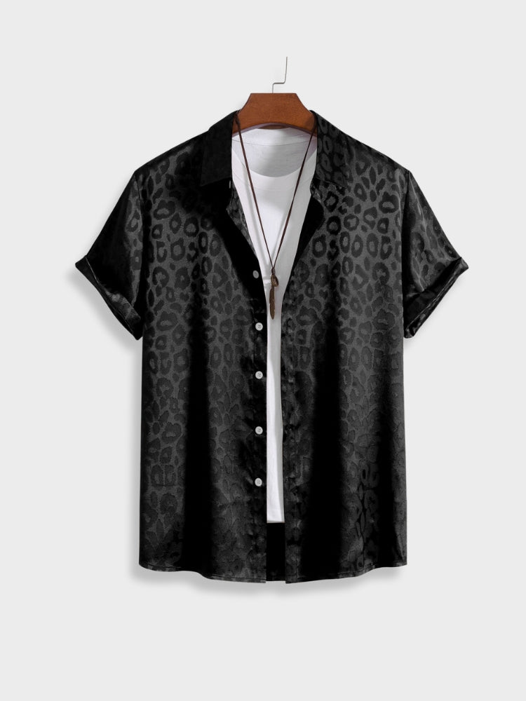 LEOPARD SHIRT BLACK SATIN SHORT-SLEEVED SATIN LEOPARD SHIRT