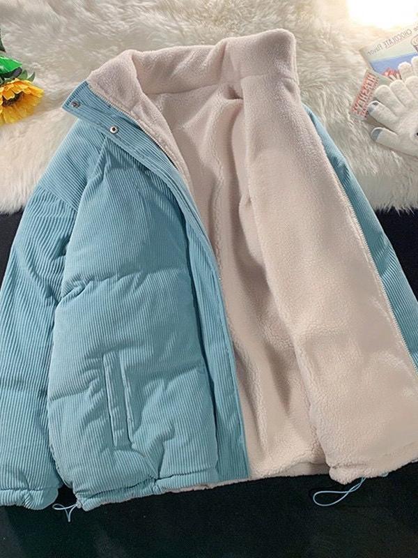 LIGHT BLUE CORDUROY PUFFER JACKET WITH WHITE LINING REVERSIBLE CORDUROY