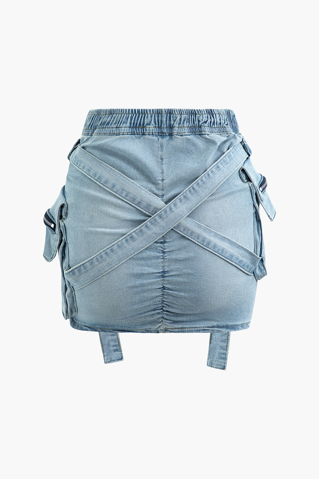 LIGHT BLUE DENIM CARGO SKIRT WITH STRAPS - DENIM CARGO SKIRT