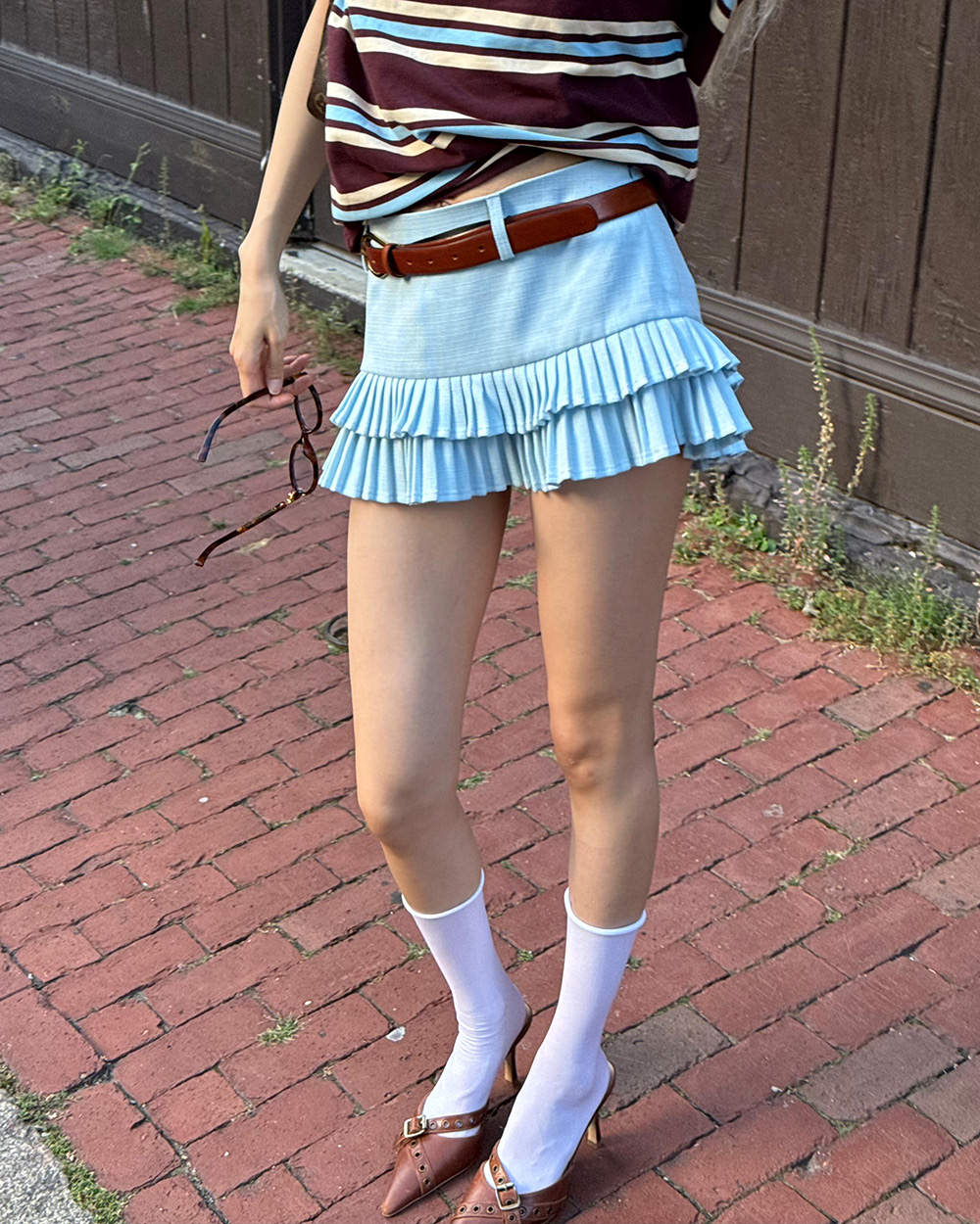LIGHT BLUE DOUBLE PLEATED MINI SKIRT