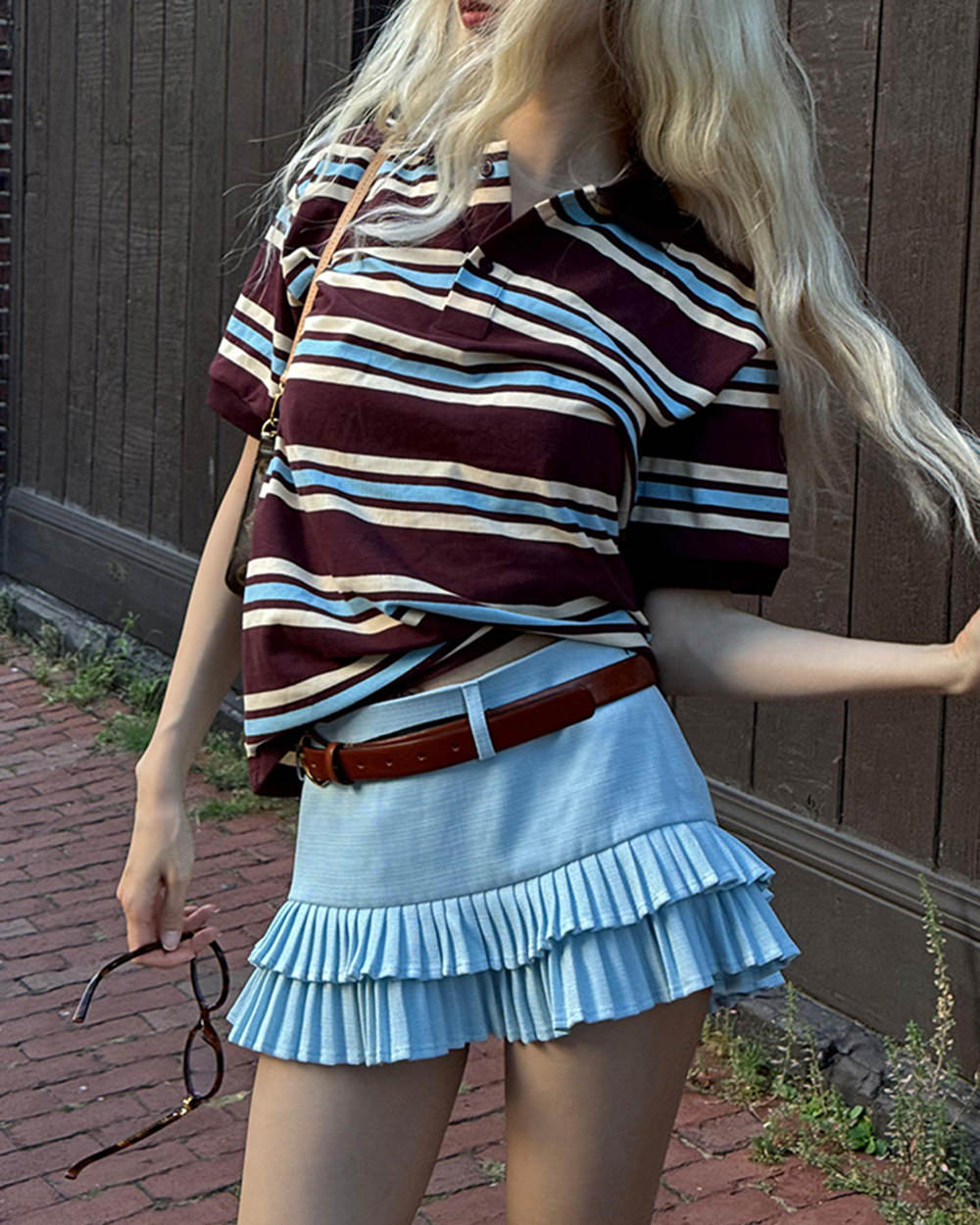 LIGHT BLUE DOUBLE PLEATED MINI SKIRT