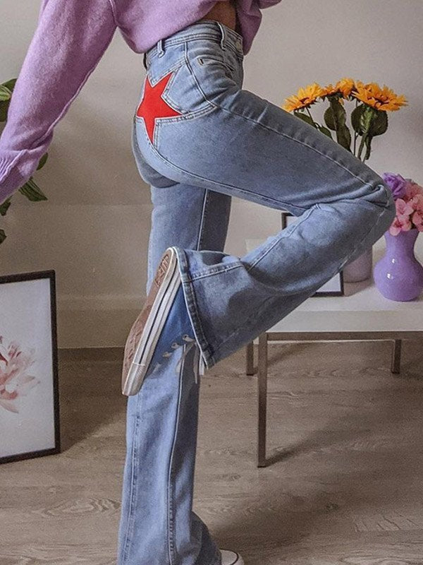 LIGHT BLUE FLARED JEANS WITH RED STAR PATCH DESIGN