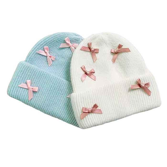 LIGHT BLUE KNIT BEANIE WITH PINK BOWS FOR WOMEN AND GIRLS