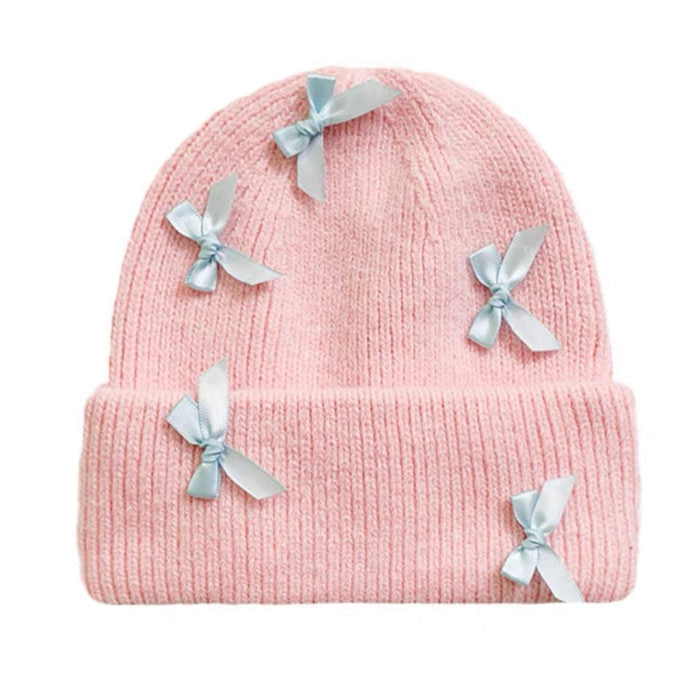 LIGHT BLUE KNIT BEANIE WITH PINK BOWS FOR WOMEN AND GIRLS