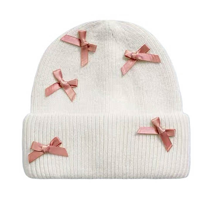 LIGHT BLUE KNIT BEANIE WITH PINK BOWS FOR WOMEN AND GIRLS