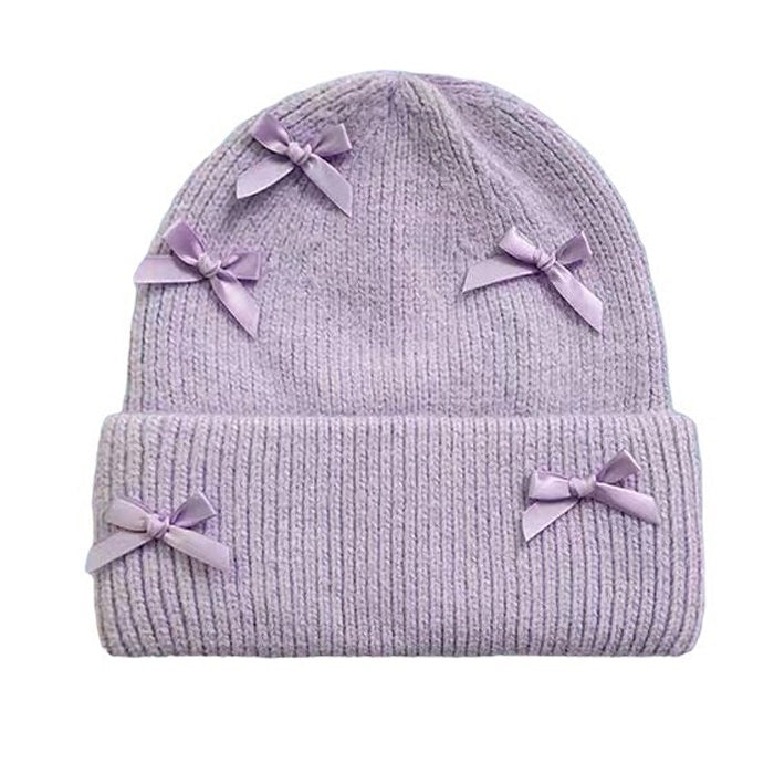 LIGHT BLUE KNIT BEANIE WITH PINK BOWS FOR WOMEN AND GIRLS