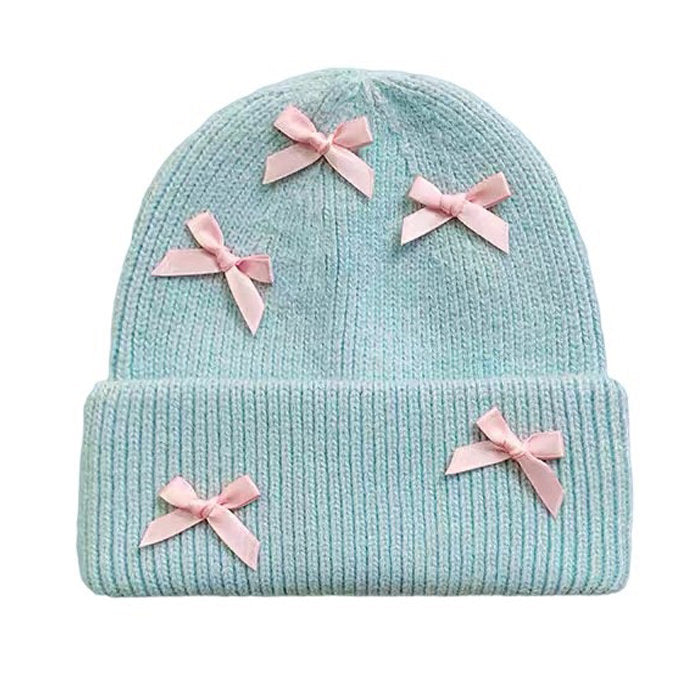 LIGHT BLUE KNIT BEANIE WITH PINK BOWS FOR WOMEN AND GIRLS