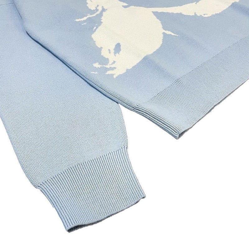 LIGHT BLUE KNIT SWEATER WITH WOMAN'S FACE AND EXCLAMATION POINT - KNIT WEAR