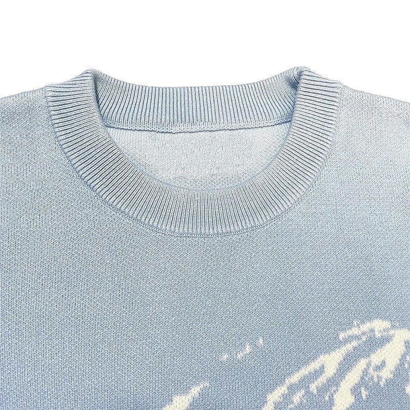 LIGHT BLUE KNIT SWEATER WITH WOMAN'S FACE AND EXCLAMATION POINT - KNIT WEAR