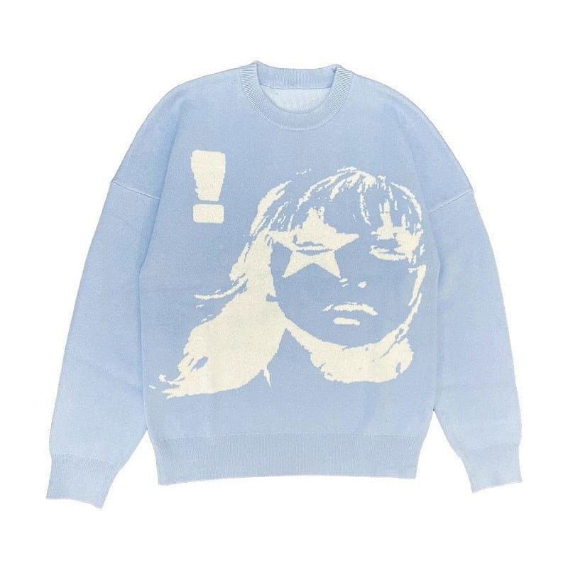 LIGHT BLUE KNIT SWEATER WITH WOMAN'S FACE AND EXCLAMATION POINT - KNIT WEAR