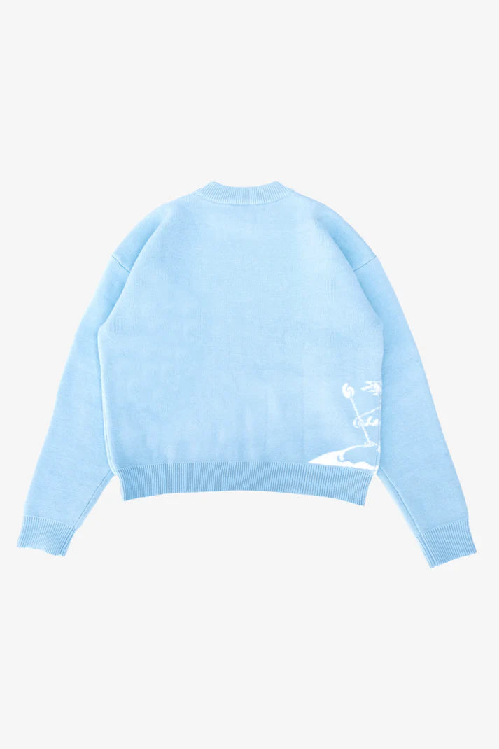 LIGHT BLUE KNITTED SWEATSHIRT WITH WHITE GRAPHIC - AMOR KNITTED SWEATER