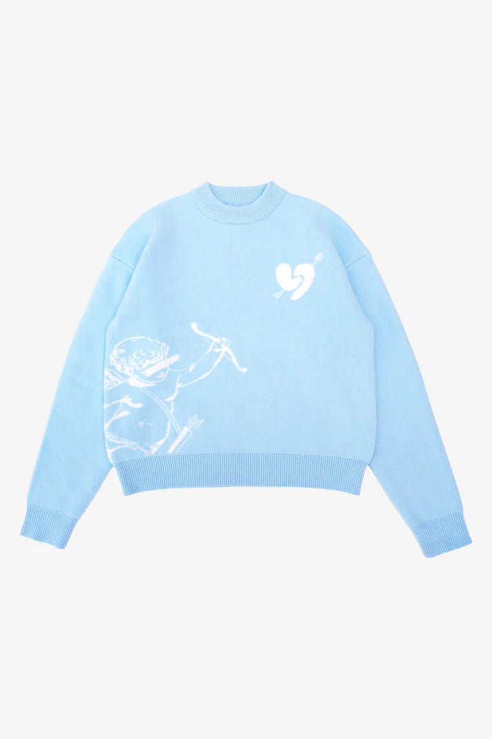 LIGHT BLUE KNITTED SWEATSHIRT WITH WHITE GRAPHIC - AMOR KNITTED SWEATER