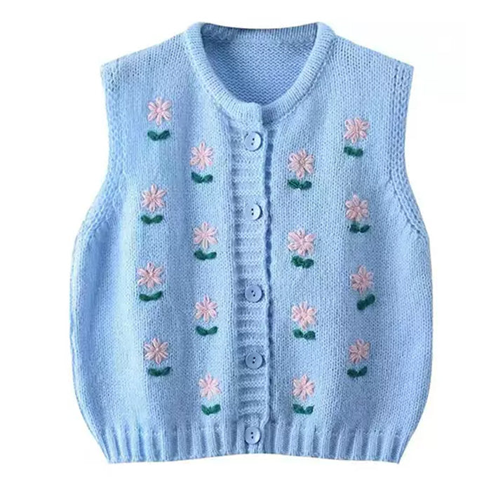 LIGHT BLUE KNITTED VEST WITH FLORAL EMBROIDERY FOR WOMEN