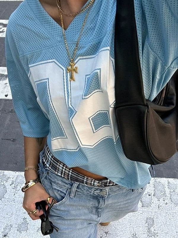 LIGHT BLUE MESH JERSEY WITH OVERSIZED NUMBER PRINT