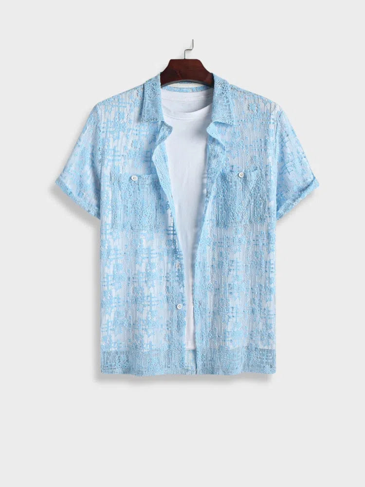 LIGHT BLUE PATTERNED SHORT-SLEEVE SHIRT - CETTE CHEMISE POUR TOUTES LES OCCASIONS