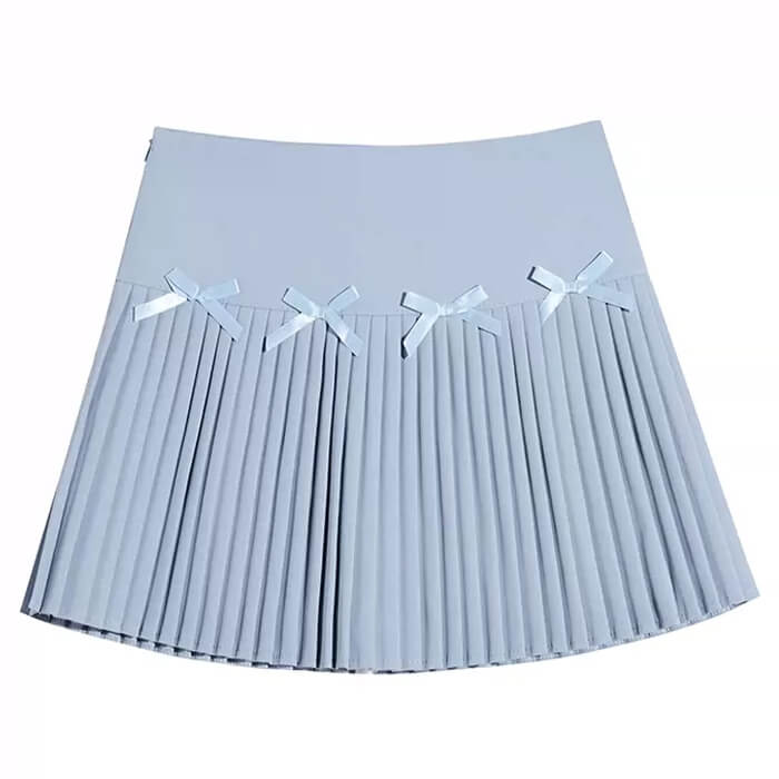 LIGHT BLUE PLEATED MINI SKIRT WITH PLAYFUL BOWS