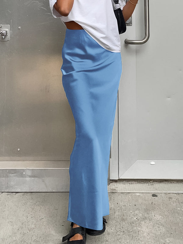 LIGHT BLUE SATIN MAXI SKIRT WITH ELEGANT SLIM FIT