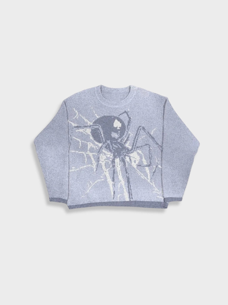 LIGHT BLUE SPIDER-THEMED PULLOVER LUCK SPIDER SWEATER