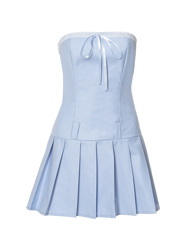 LIGHT BLUE STRAPLESS MINI DRESS WITH PLEATED SKIRT SLIM FIT