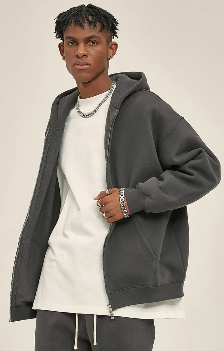 LIGHT BLUE ZIP HOODIE WITH OVERSIZE FIT AND QUALITY STITCHING