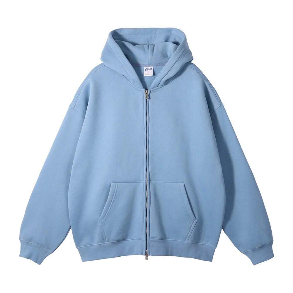 LIGHT BLUE ZIP HOODIE WITH OVERSIZE FIT AND QUALITY STITCHING
