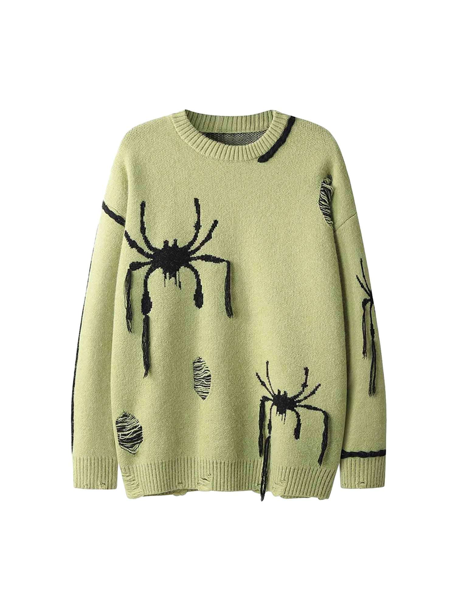 LIGHT GREEN SPIDER DISTRESSED SWEATER TRENDY LOOSE FIT LONG