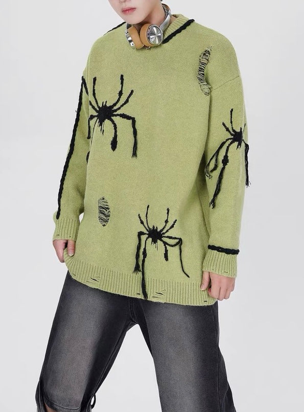 LIGHT GREEN SPIDER DISTRESSED SWEATER TRENDY LOOSE FIT LONG
