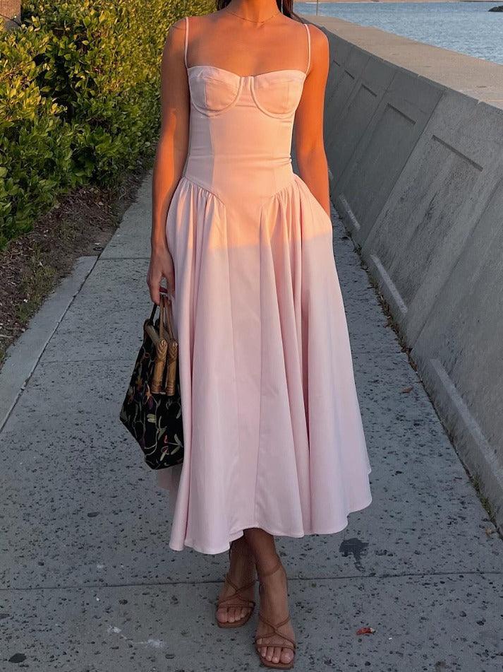 LIGHT PINK SPAGHETTI-STRAP DRESS WITH DEEP NECKLINE, SLEEVELESS DESIGN