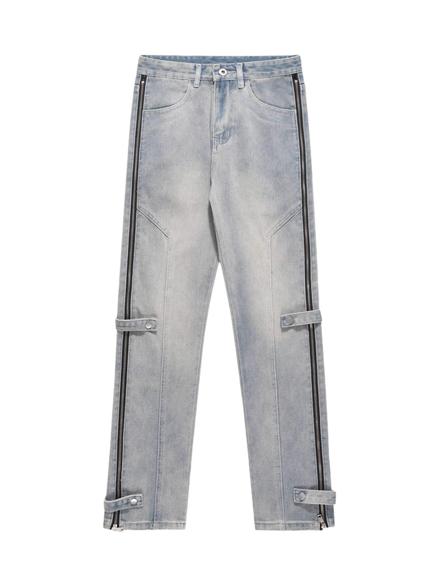 LIGHT WASH MID WAIST LONG PANTS WITH ZIPPER DETAILS