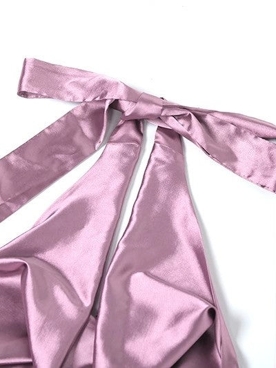 LILAC SATIN HALTER DRESS WITH FLORAL EMBELLISHMENTS AND HALTER NECKLINE