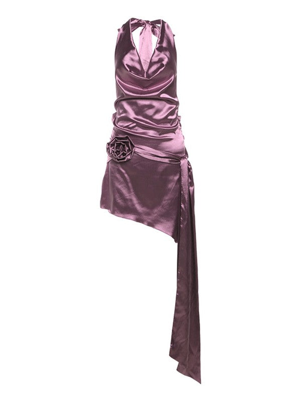 LILAC SATIN HALTER DRESS WITH FLORAL EMBELLISHMENTS AND HALTER NECKLINE