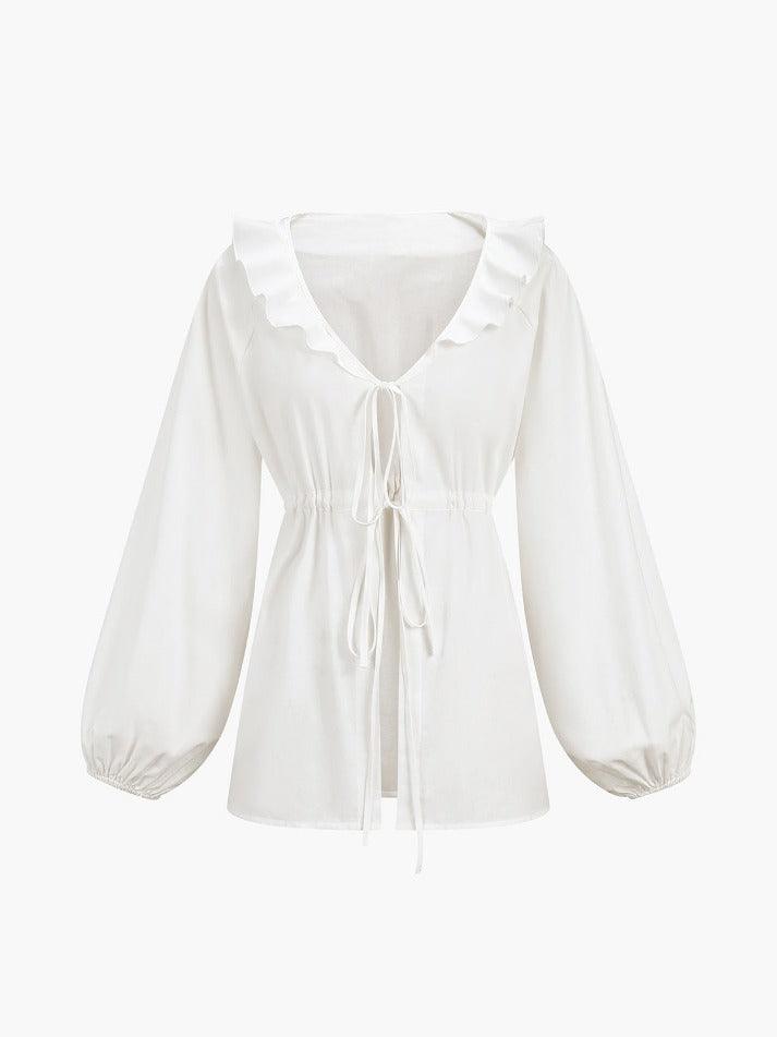 LINEN RUFFLE TIE-FRONT BLOUSE AND SHORTS SET WITH DRAWSTRING