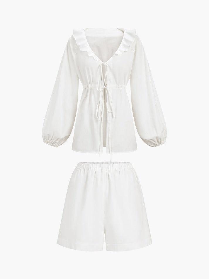 LINEN RUFFLE TIE-FRONT BLOUSE AND SHORTS SET WITH DRAWSTRING