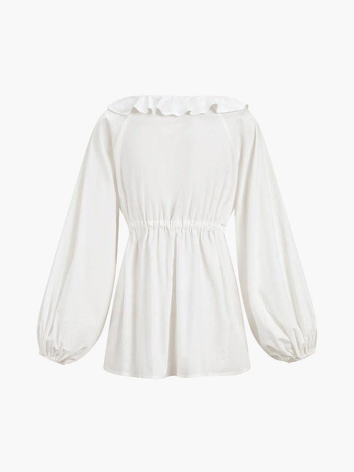 LINEN RUFFLE TIE-FRONT BLOUSE AND SHORTS SET WITH DRAWSTRING