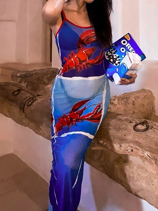 LOBSTER-PRINT MAXI DRESS IN SOFT STRETCH MESH WITH SLIM FIT DESIGN