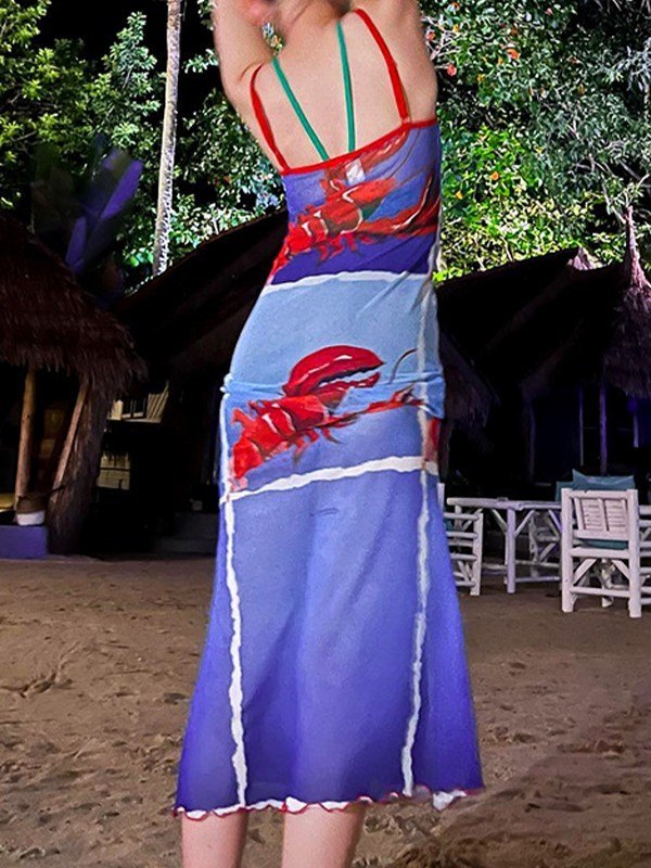 LOBSTER-PRINT MAXI DRESS IN SOFT STRETCH MESH WITH SLIM FIT DESIGN